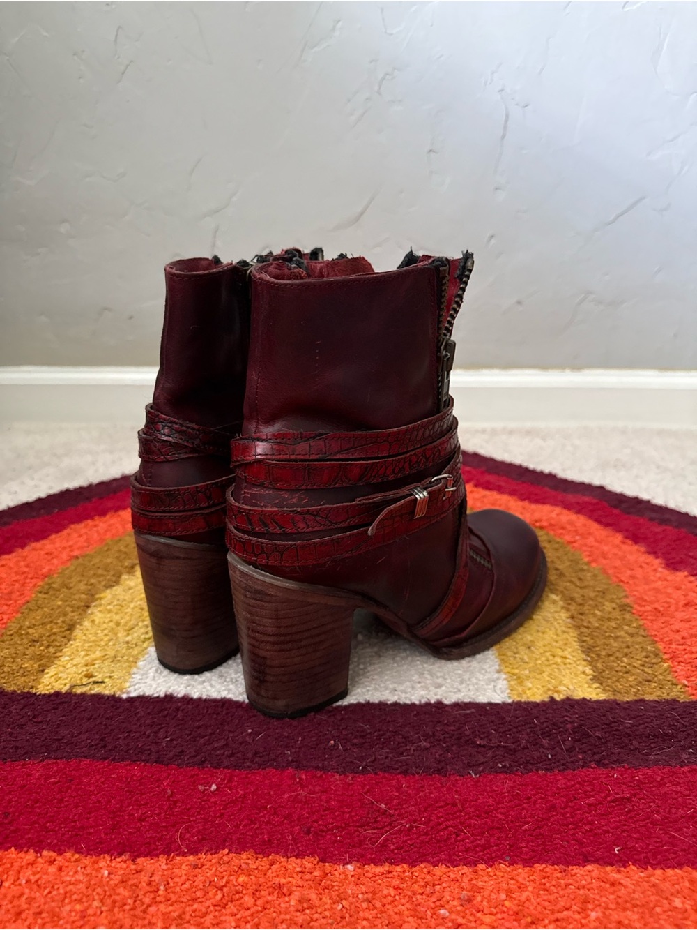 Freebird by Steven Balboa Burgundy Leather Zip & Strap Block Heel Ankle Boots - Picture 2 of 5